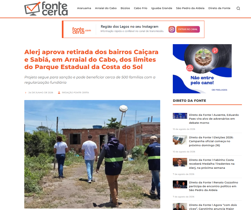 Recorte da matéria sobre a aprovação do projeto na Alerj